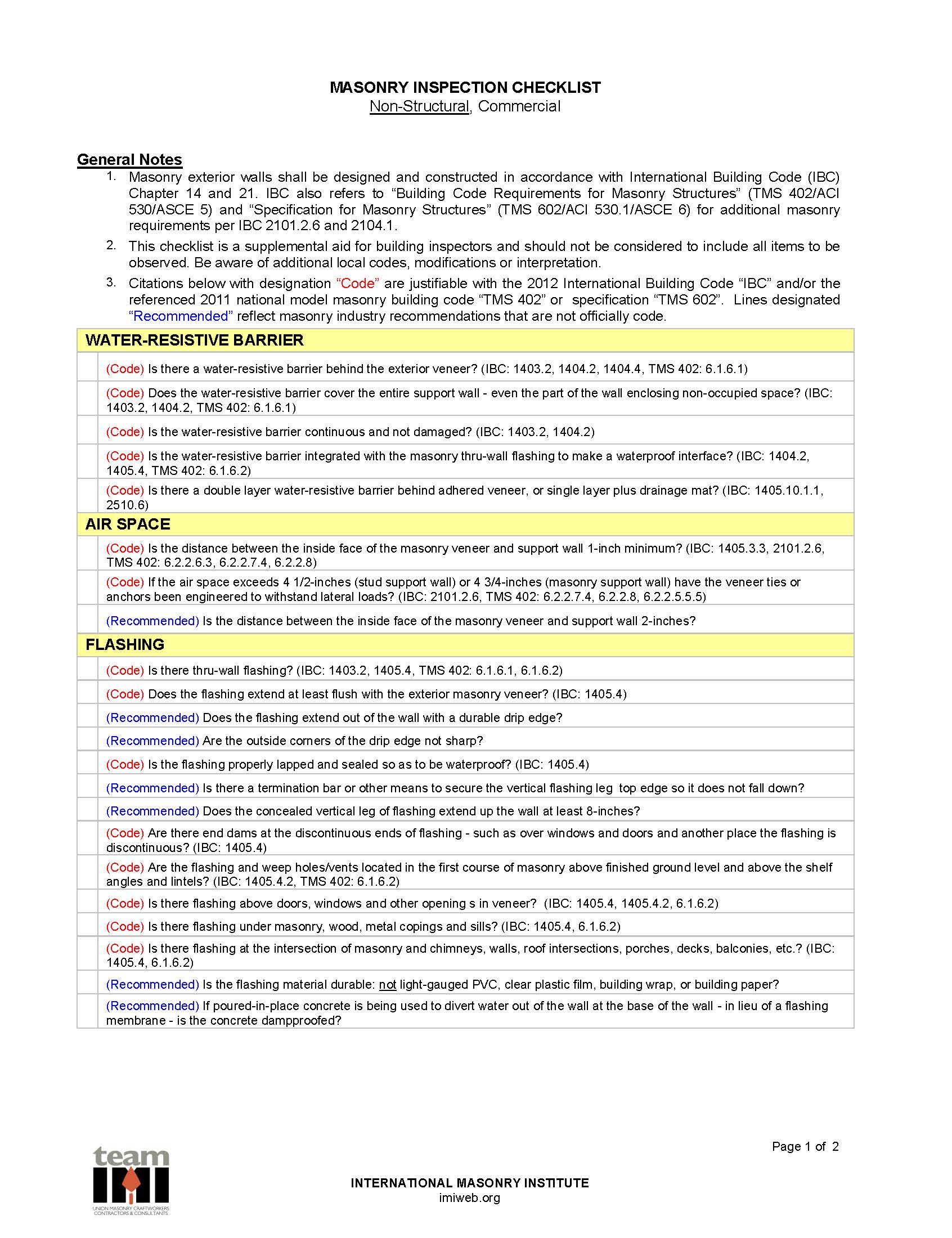 IMI Masonry Inspection Checklist